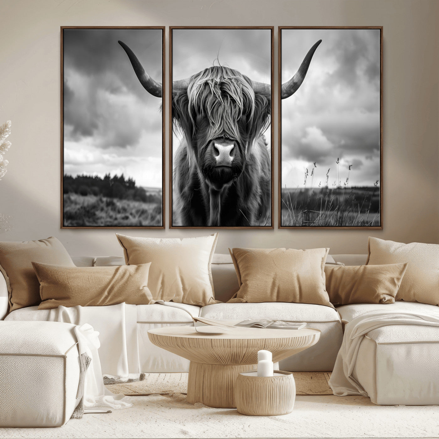 17924-MGV-CV-36X24-Highland Cow Wall Art – Black and White Rustic Longhorn Cattle Canvas Print, Farmhouse Animal Photography Decor for Country Home