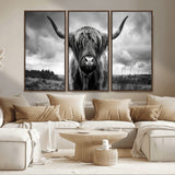 17924-MGV-CV-36X24-Highland Cow Wall Art – Black and White Rustic Longhorn Cattle Canvas Print, Farmhouse Animal Photography Decor for Country Home