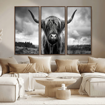 17924-MGV-CV-36X24-Highland Cow Wall Art – Black and White Rustic Longhorn Cattle Canvas Print, Farmhouse Animal Photography Decor for Country Home
