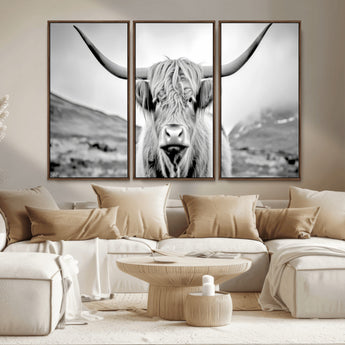 80564-MGV-CV-36X24-Highland Cow Wall Art – Black and White Scottish Highland Canvas Print, Rustic Farmhouse Decor for Living Room, Bedroom or Office