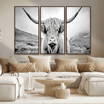 80564-MGV-CV-36X24-Highland Cow Wall Art – Black and White Scottish Highland Canvas Print, Rustic Farmhouse Decor for Living Room, Bedroom or Office