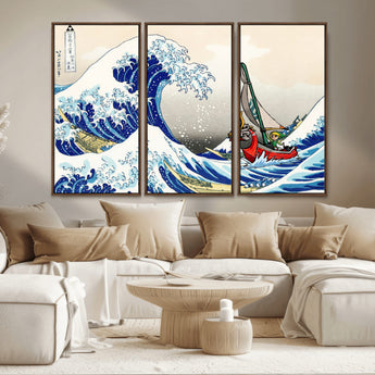 19450-MGV-FC-48X32-3P_Walnut-Great Wave Adventure Wall Art – Japanese Style Ocean Canvas Print, Fantasy Sailing Decor for Living Room, Bedroom or Office