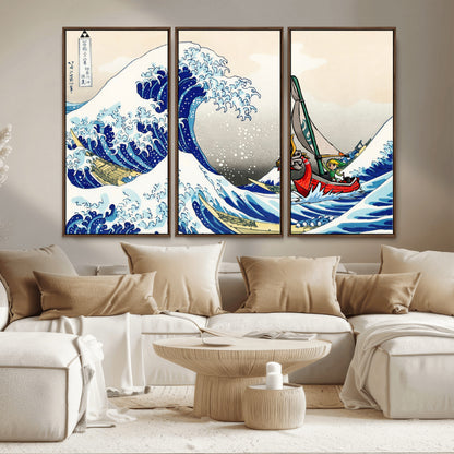 19450-MGV-FC-48X32-3P_Walnut-Great Wave Adventure Wall Art – Japanese Style Ocean Canvas Print, Fantasy Sailing Decor for Living Room, Bedroom or Office