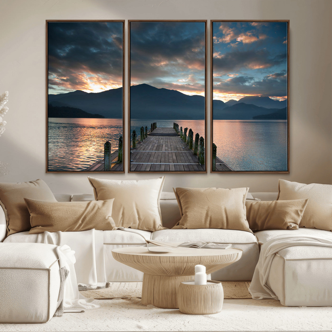 20442-MGV-CV-36X24-Lakeside Sunset Dock Wall Art – Peaceful Mountain Lake Canvas Print, Serene Nature Landscape Decor for Living Room, Bedroom or