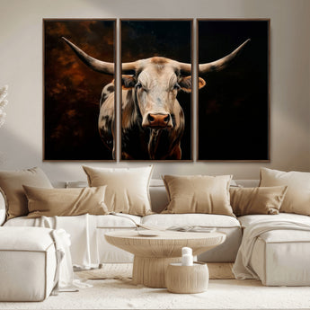 70522-MGV-CV-36X24-Longhorn Bull Wall Art – Striking Canvas Print of Majestic Bull, Premium Animal Decor for Home, Office, Man Cave, or Living Room