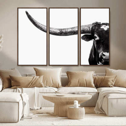 31699-MGV-CV-36X24-Longhorn Wall Art – Black and White Texas Longhorn Cow Canvas Print, Rustic Western Farmhouse Artwork for Living Room, Bedroom or