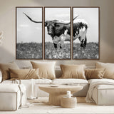 94709-MGV-CV-36X24-Texas Longhorn Wall Art – Black and White Bull Photography Canvas Print, Western Farmhouse Wall Decor for Living Room, Office or