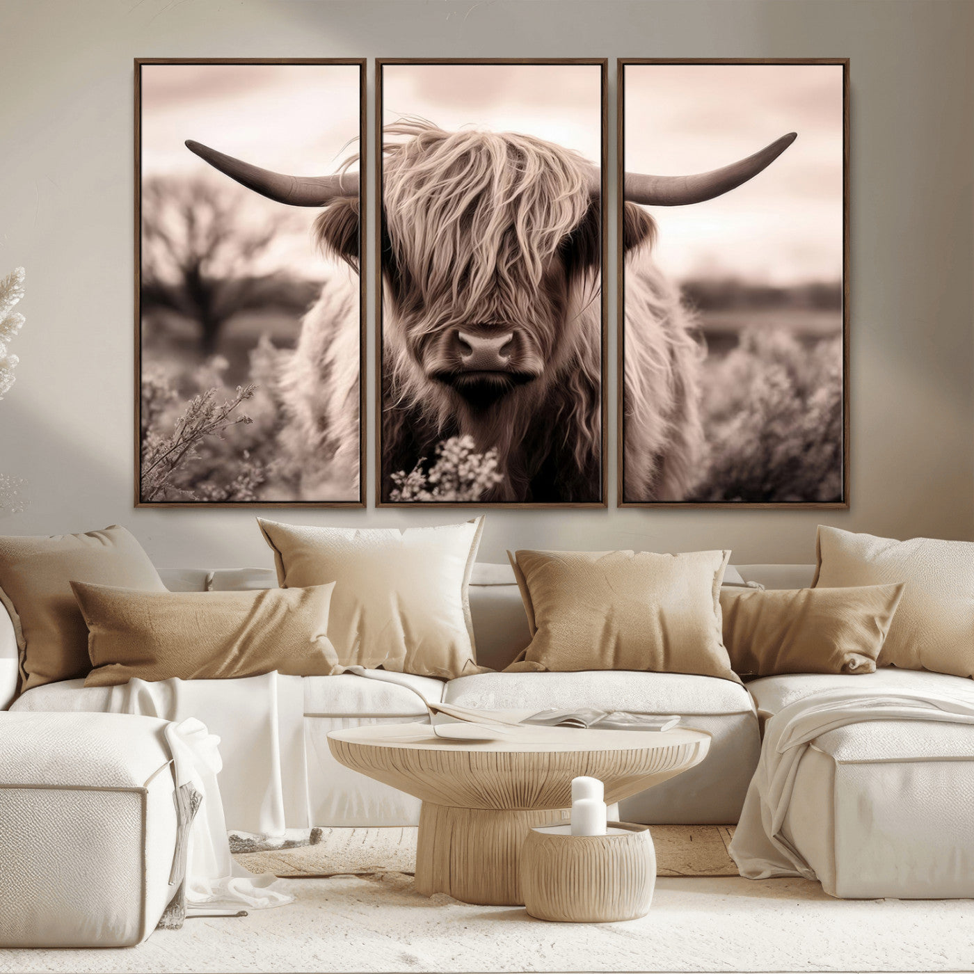 55903-MGV-CV-36X24-Highland Cow Wall Art – Rustic Sepia Scottish Highland Bull Canvas Print, Farmhouse Country Animal Decor for Living Room, Bedroom