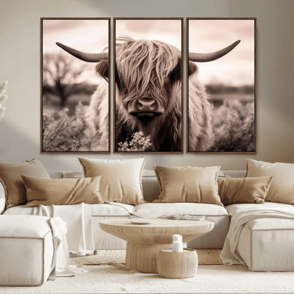 55903-MGV-CV-36X24-Highland Cow Wall Art – Rustic Sepia Scottish Highland Bull Canvas Print, Farmhouse Country Animal Decor for Living Room, Bedroom