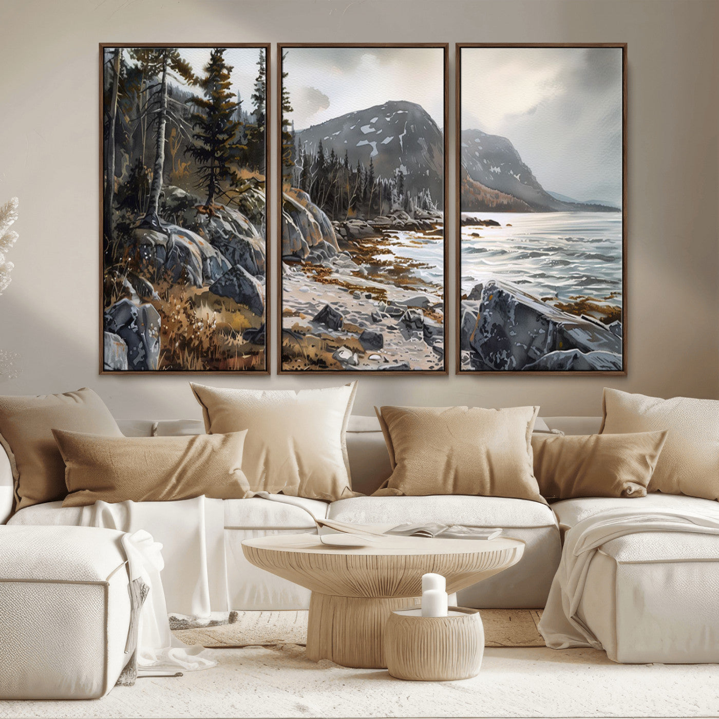 41281-MGV-CV-36X24-Rocky Shoreline Wall Art – Panoramic Mountain Coast and Forest Canvas Print, Rustic Nature Landscape Decor for Cabin, Lodge, or