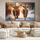 50490-MGV-CV-36X24-Highland Cow Wall Art – Rustic Panoramic Canvas Print Two Cattle Snowy Landscape, Farmhouse Country Decor for Living Room Office