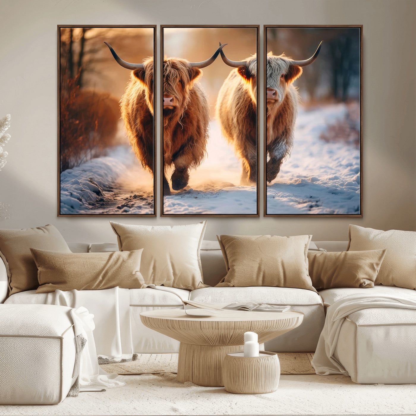 94810-MGV-CV-36X24-Highland Cow Wall Art – Rustic Canvas Print Two Cattle Snow Path Sunset, Farmhouse Country Decor for Living Room, Bedroom, Office,