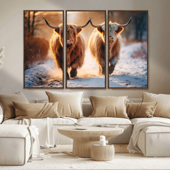94810-MGV-CV-36X24-Highland Cow Wall Art – Rustic Canvas Print Two Cattle Snow Path Sunset, Farmhouse Country Decor for Living Room, Bedroom, Office,