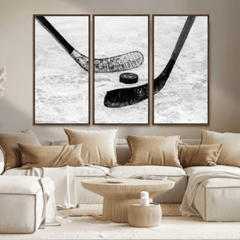 82900-MGV-CV-36X24-Hockey Wall Art – Black and White Canvas Print Ice Rink Sticks Puck Sports Photography, Modern Decor for Game Room, Man Cave,