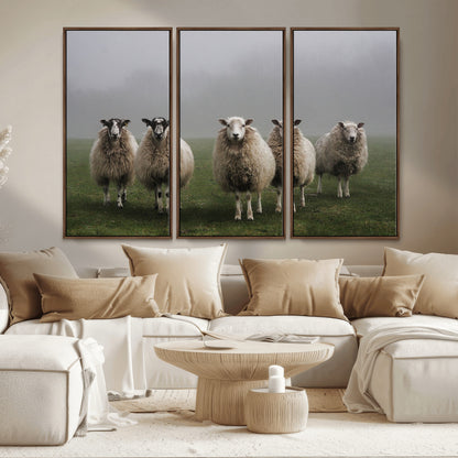 87339-MGV-CV-36X24-Sheep Wall Art – Rustic Farmhouse Canvas Print Flock Standing Misty Field Countryside Photography, Country Animal Decor for Living
