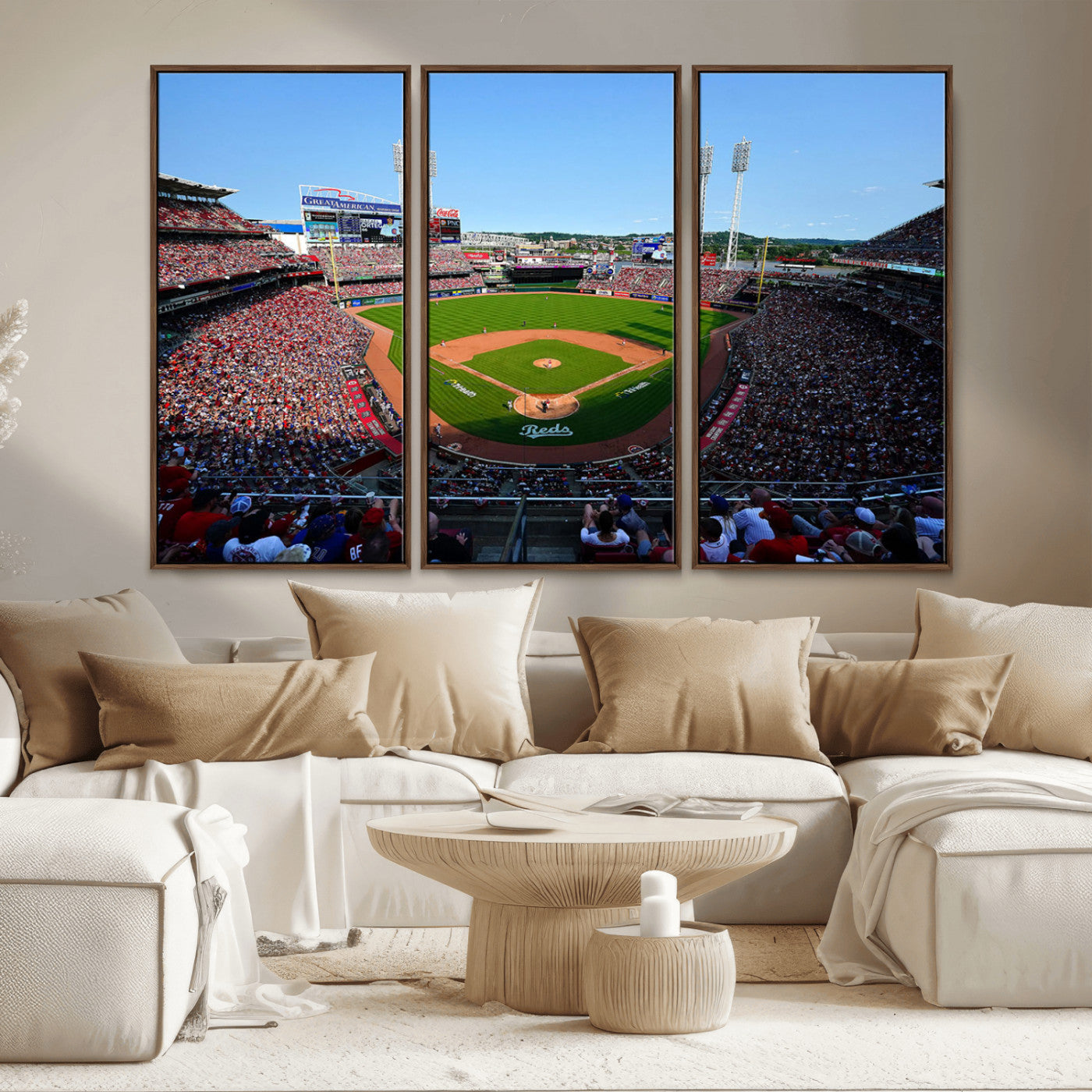 90998-MGV-CV-36X24-Baseball Stadium Wall Art – Canvas Print Day Game Field Packed Crowd Bright Blue Sky Sports Photography, Classic Decor for Game
