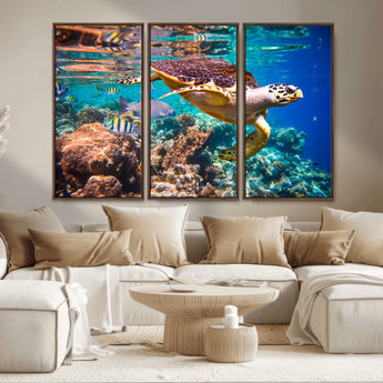 66614-MGV-CV-36X24-Sea Turtle Wall Art – Hawksbill Turtle Swimming Over Coral Reef Canvas Print, Ocean Marine Life Decor for Beach House, Coastal