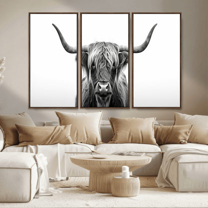 49556-MGV-CV-36X24-Highland Cow Wall Art – Black and White Scottish Highland Cattle Print, Rustic Farmhouse Minimalist Animal Portrait Canvas for