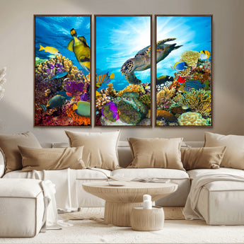 44772-MGV-CV-36X24-Underwater Sea Turtle Wall Art – Vibrant Coral Reef and Tropical Fish Canvas Print, Ocean Marine Life Decor for Living Room,