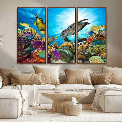 44772-MGV-CV-36X24-Underwater Sea Turtle Wall Art – Vibrant Coral Reef and Tropical Fish Canvas Print, Ocean Marine Life Decor for Living Room,