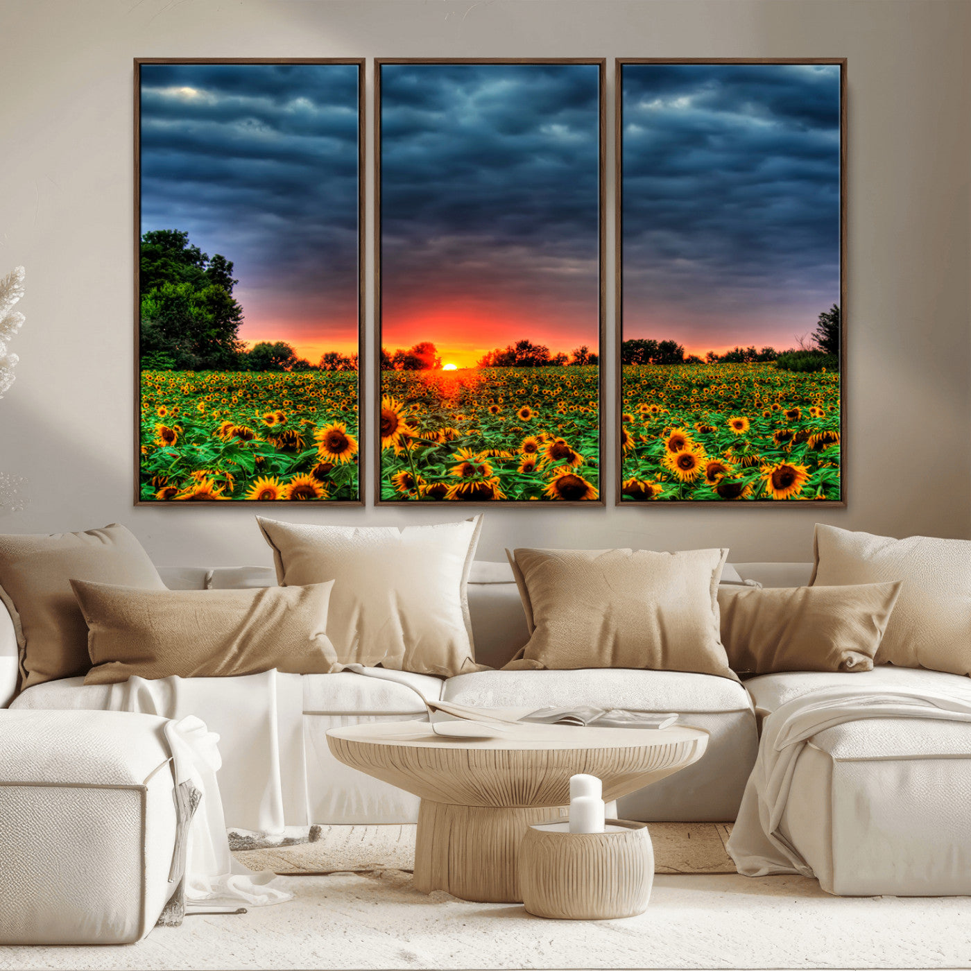 45045-MGV-CV-36X24-Sunflower Field Sunset Wall Art – Dramatic Stormy Sky Landscape Print, Vibrant Yellow Floral Nature Canvas for Living Room,
