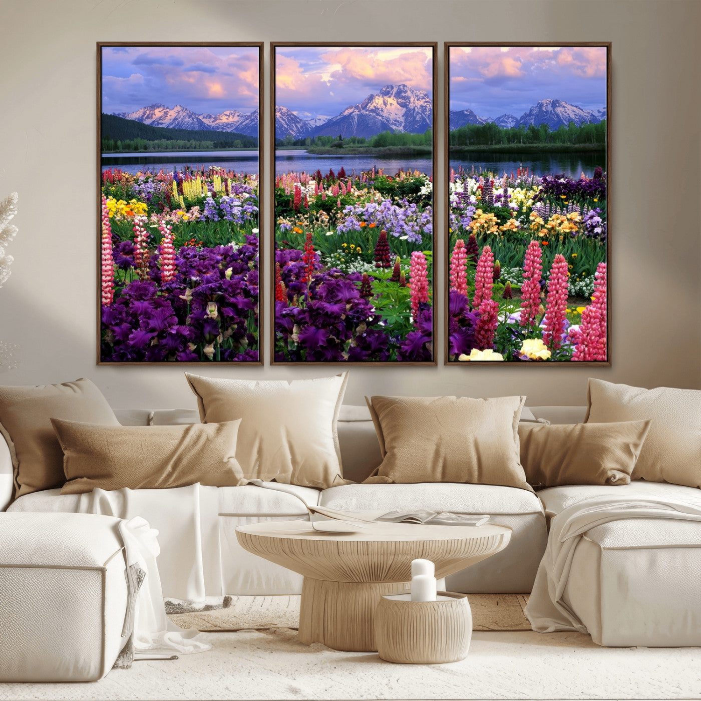 82270-MGV-CV-36X24-Colorful Wildflower Meadow Landscape Wall Art – Snow-Capped Mountain Lake Sunset Print, Vibrant Nature Artwork for Living Room,
