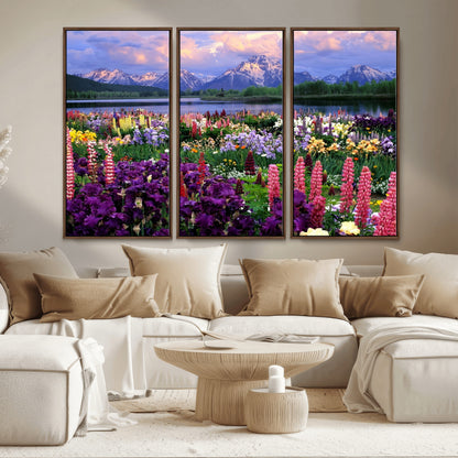 82270-MGV-CV-36X24-Colorful Wildflower Meadow Landscape Wall Art – Snow-Capped Mountain Lake Sunset Print, Vibrant Nature Artwork for Living Room,