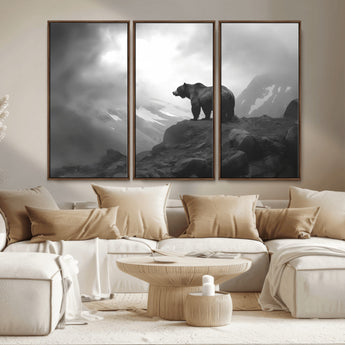 49504-MGV-CV-36X24-Black and White Grizzly Bear Wall Art – Wilderness Wildlife Painting, Rustic Mountain Cabin Decor, Monochrome Animal Print for
