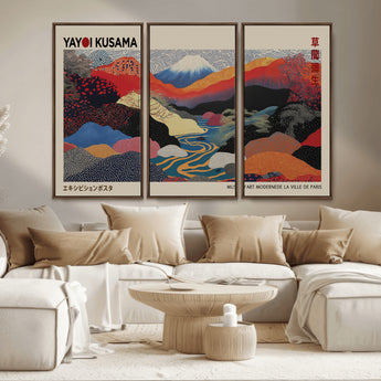 49228-MGV-FC-93X47-3P_Black-Kusama Wall Art – Vibrant Japanese Landscape Canvas Print, Modern Abstract Mountain and River Decor for Living Room, Office or Art