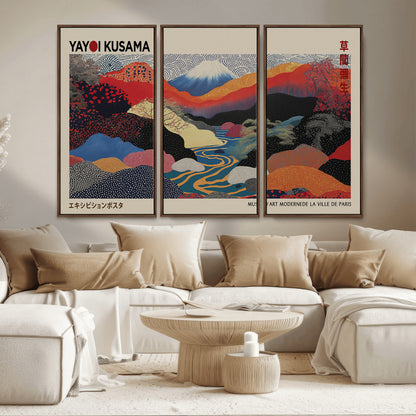 49228-MGV-FC-93X47-3P_Black-Kusama Wall Art – Vibrant Japanese Landscape Canvas Print, Modern Abstract Mountain and River Decor for Living Room, Office or Art