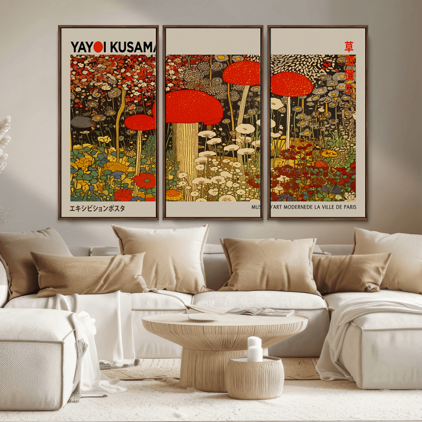 38013-MGV-CV-36X24-Yayoi Kusama Inspired Mushroom Garden Wall Art – Whimsical Botanical Canvas Print, Surreal Nature Poster, Fantasy Floral Artwork