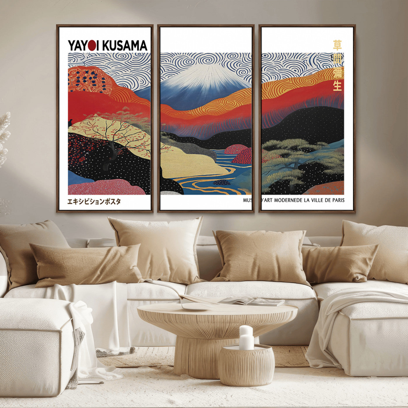 14839-MGV-CV-36X24-Yayoi Kusama Wall Art – Panoramic Mountain & River Canvas Print, Modern Abstract Japanese Landscape Decor for Living Room or