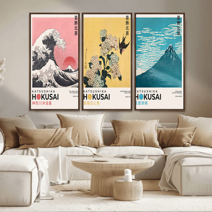 Katsushika-MGV-CV-36X24-Katsushika Hokusai Wall Art Set – The Great Wave, Hydrangea and Swallow, Fine Wind Canvas Prints, Japanese Ukiyo e Style Home and