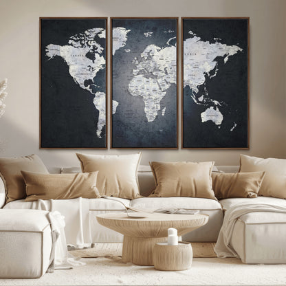 19124-MGV-CV-36X24-Modern World Map Wall Art – Black and White Canvas Print, Minimalist Global Map Decor for Office, Study, Bedroom or Living Room