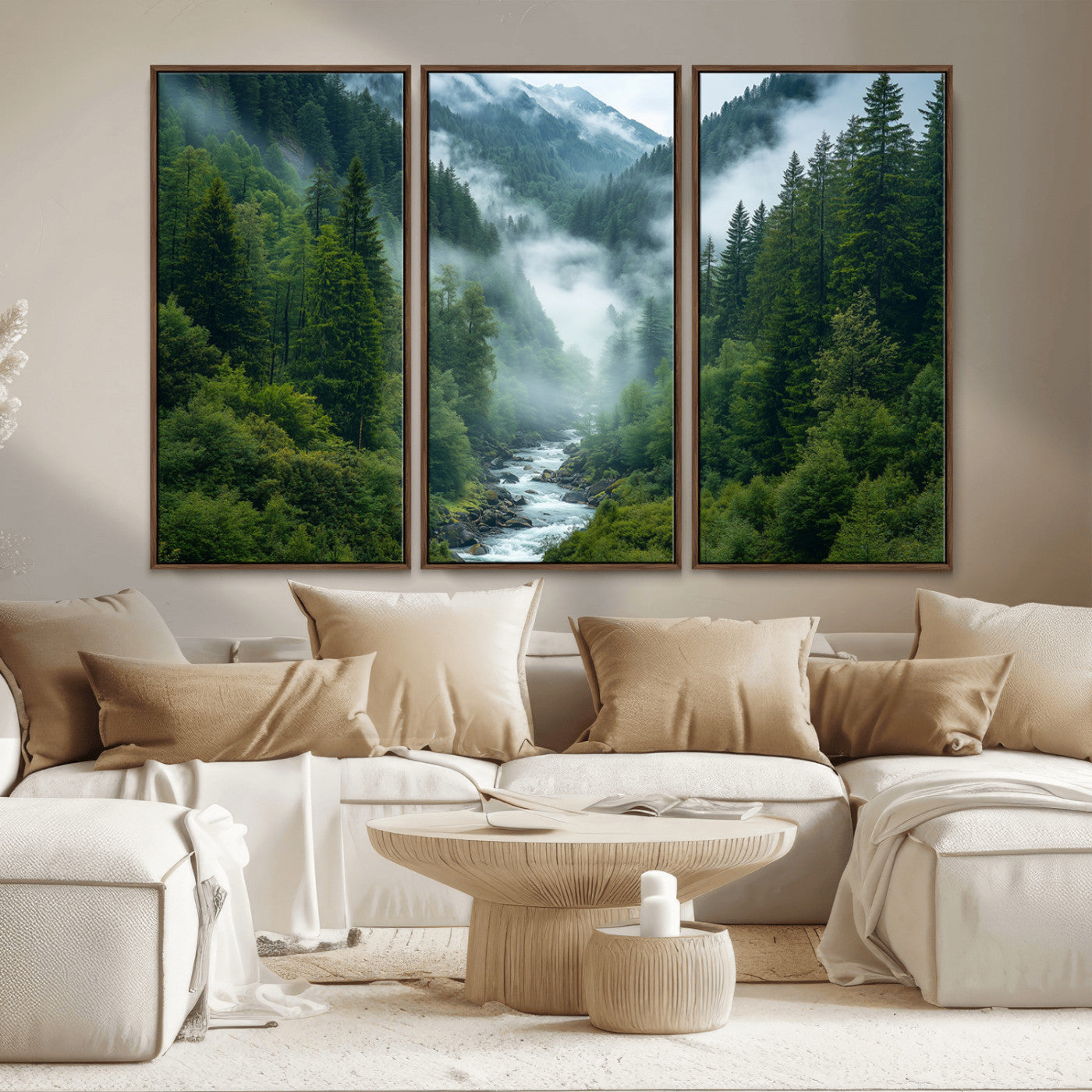 69453-MGV-CV-36X24-Mountain Forest Wall Art – Misty River and Evergreen Landscape Canvas Print, Nature Photography Poster for Living Room, Bedroom,
