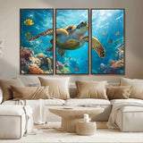 37623-MGV-FC-48X32-3P_Walnut-Sea Turtle Wall Art – Underwater Ocean Canvas Print with Coral Reef and Tropical Fish, Marine Life Painting Poster for Living