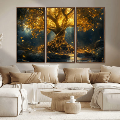 92739-MGV-FC-48X32-3P_Walnut-Glowing Tree Wall Art – Enchanted Golden Forest Canvas Print, Mystical Illuminated Nature Painting Poster for Living Room,