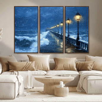 32668-MGV-CV-36X24-Stormy Pier Wall Art – Ocean Waves and Street Lamps Canvas Print, Rainy Night Seascape Oil Painting Poster for Living Room,