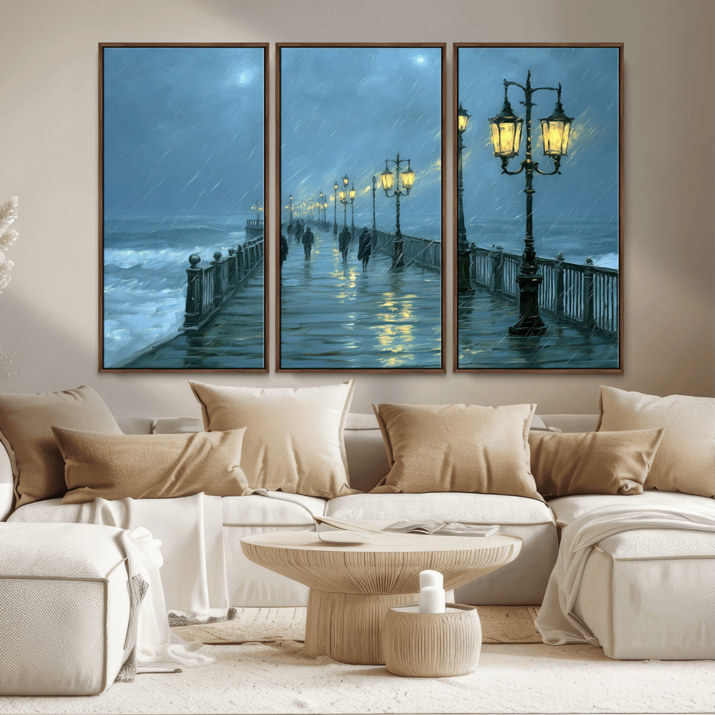 79606-MGV-CV-36X24-Rainy Pier Night Wall Art – Ocean Waves and Street Lamps Canvas Print, Moody Seascape Oil Painting Poster for Living Room,