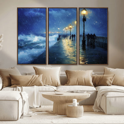 94571-MGV-CV-36X24-Seaside Night Wall Art – Ocean Waves and Street Lamps Canvas Print, Rainy City Pier Oil Painting Poster for Living Room, Bedroom,