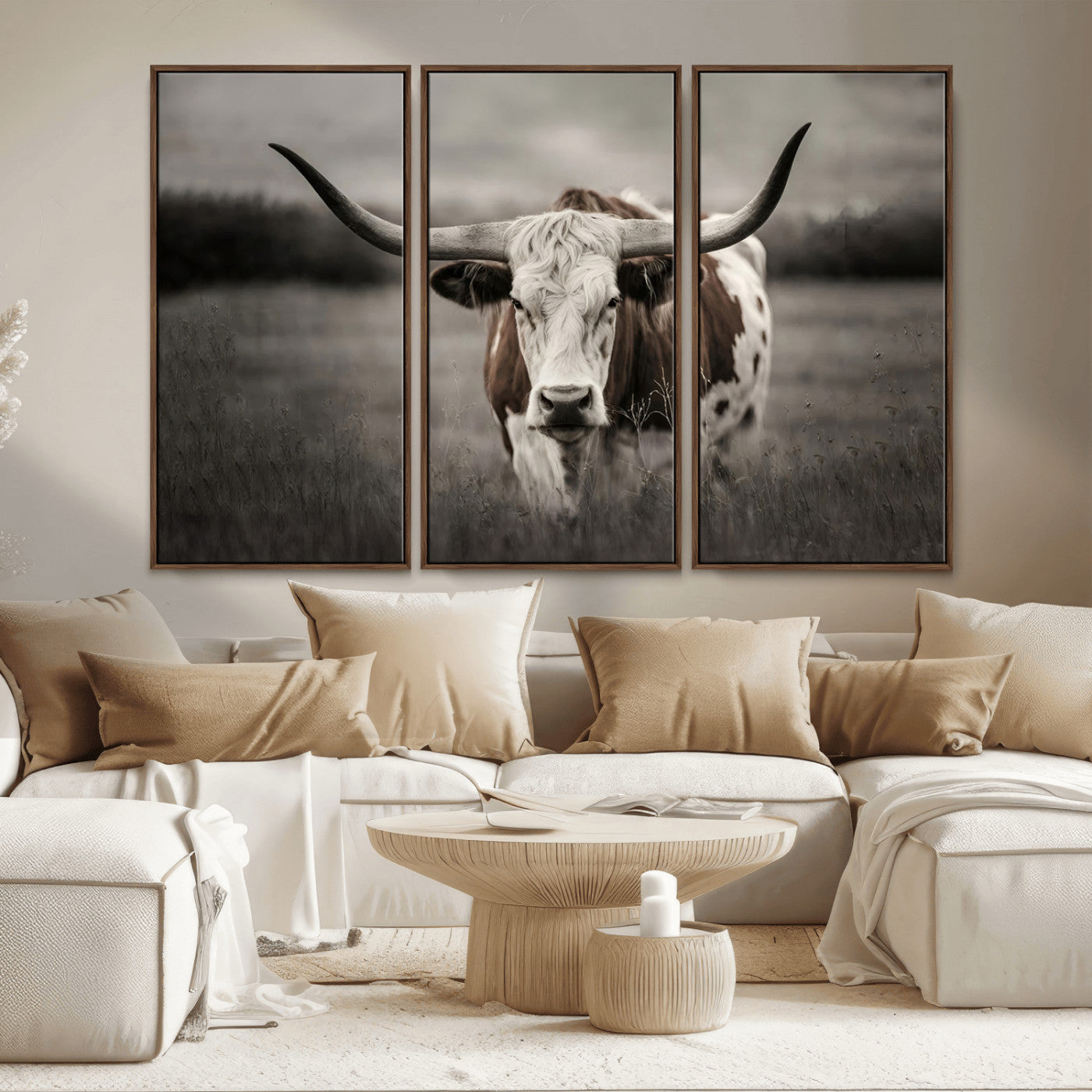 69238-MGV-CV-36X24-Longhorn Bull Wall Art – Rustic Black and White Texas Cattle Canvas Print, Western Farmhouse Animal Photography for Living Room,