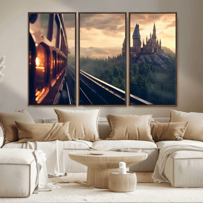 84029-MGV-CV-36X24-Fantasy Castle Wall Art – Magical Train Sunset Forest Canvas Print, Enchanted Landscape Painting Poster for Living Room, Bedroom,