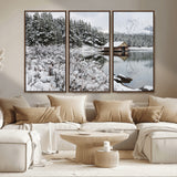 29975-MGV-CV-36X24-Winter Cabin by the Lake Wall Art – Snowy Mountain Landscape Canvas Print, Rustic Lodge Cabin Decor for Cozy Living Room, Bedroom