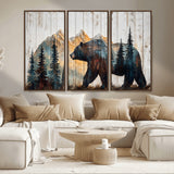 90077-MGV-CV-36X24-Wood Grizzly Bear Wall Art Canvas Print, Framed Abstract Bear Art Picture Print, Bear in Forest Perfect Rustic Lodge Decor Artwork