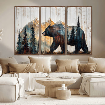 90077-MGV-CV-36X24-Wood Grizzly Bear Wall Art Canvas Print, Framed Abstract Bear Art Picture Print, Bear in Forest Perfect Rustic Lodge Decor Artwork