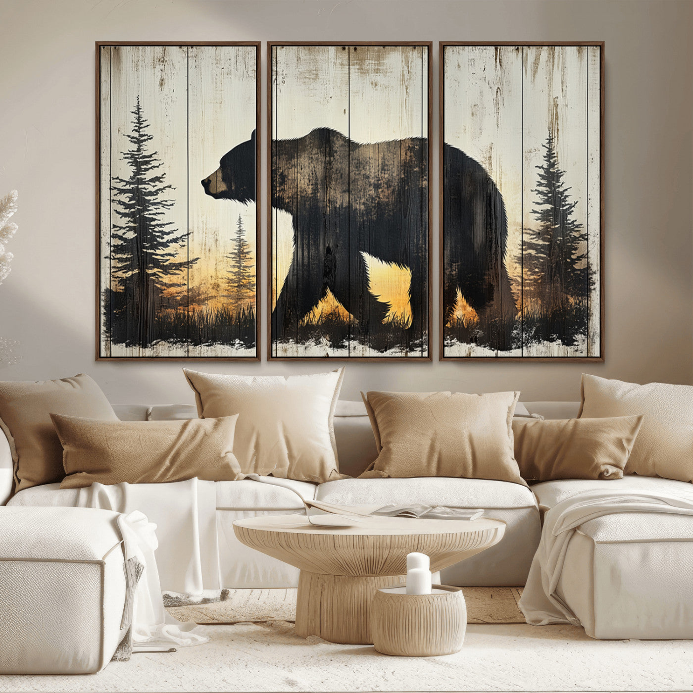 83875-MGV-CV-36X24-Sunset Bear Wall Art – Rustic Wildlife Canvas Print with Forest Silhouette, Cabin Lodge Decor for Living Room or Office