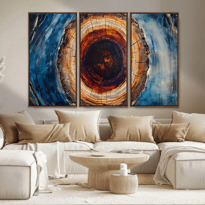30457-MGV-CV-36X24-Tree Ring Abstract Wall Art – Blue and Brown Wood Grain Canvas Print, Modern Nature Inspired Painting for Rustic Living Room,