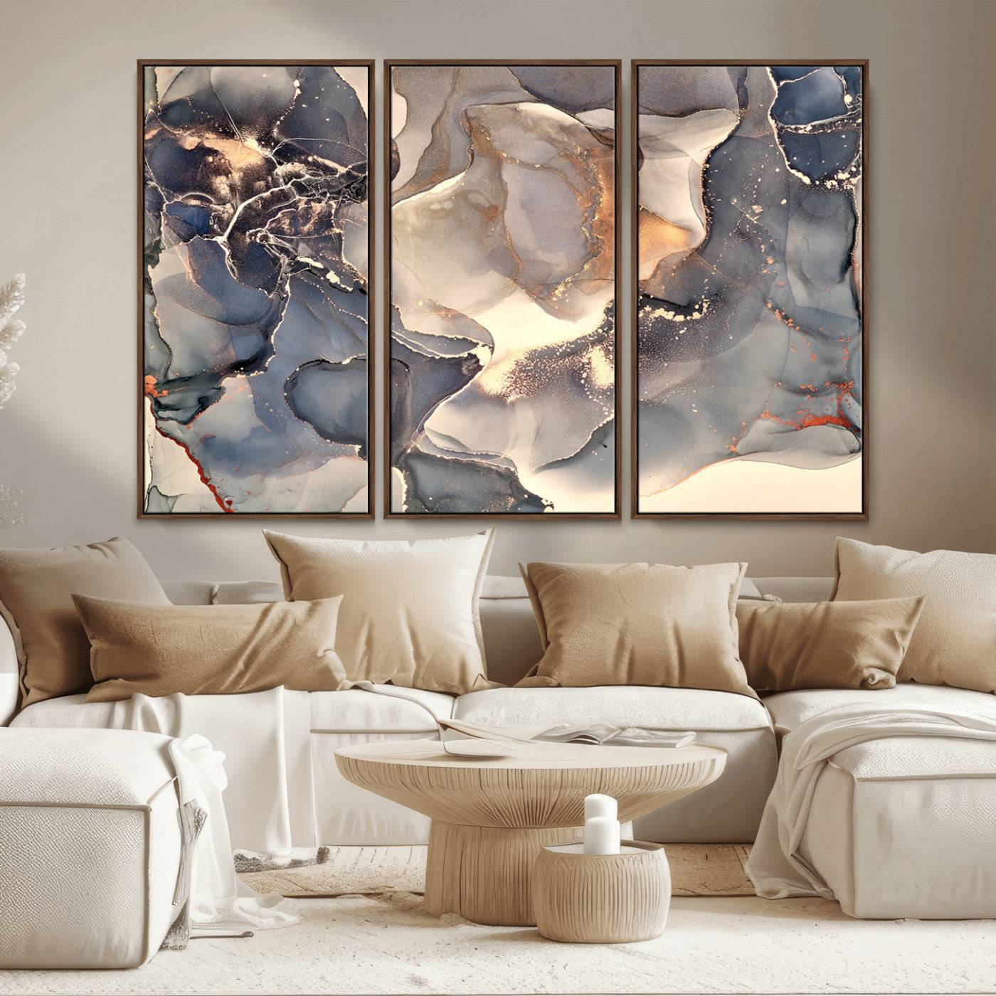 18202-MGV-CV-36X24-Abstract Neutral Wall Art – Blue, Beige and Gold Fluid Ink Canvas Print, Modern Minimalist Painting for Living Room, Office