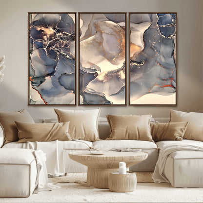 18202-MGV-CV-36X24-Abstract Neutral Wall Art – Blue, Beige and Gold Fluid Ink Canvas Print, Modern Minimalist Painting for Living Room, Office