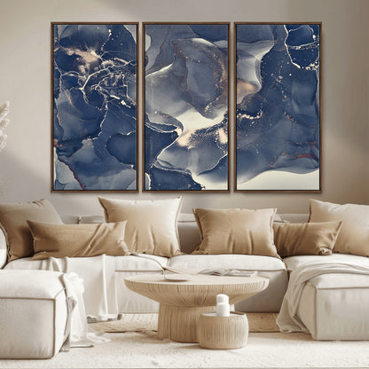 28282-MGV-CV-36X24-Blue Abstract Wall Art – Modern Ink Swirl Canvas Print, Contemporary Navy and Gold Painting for Living Room, Bedroom, Office or